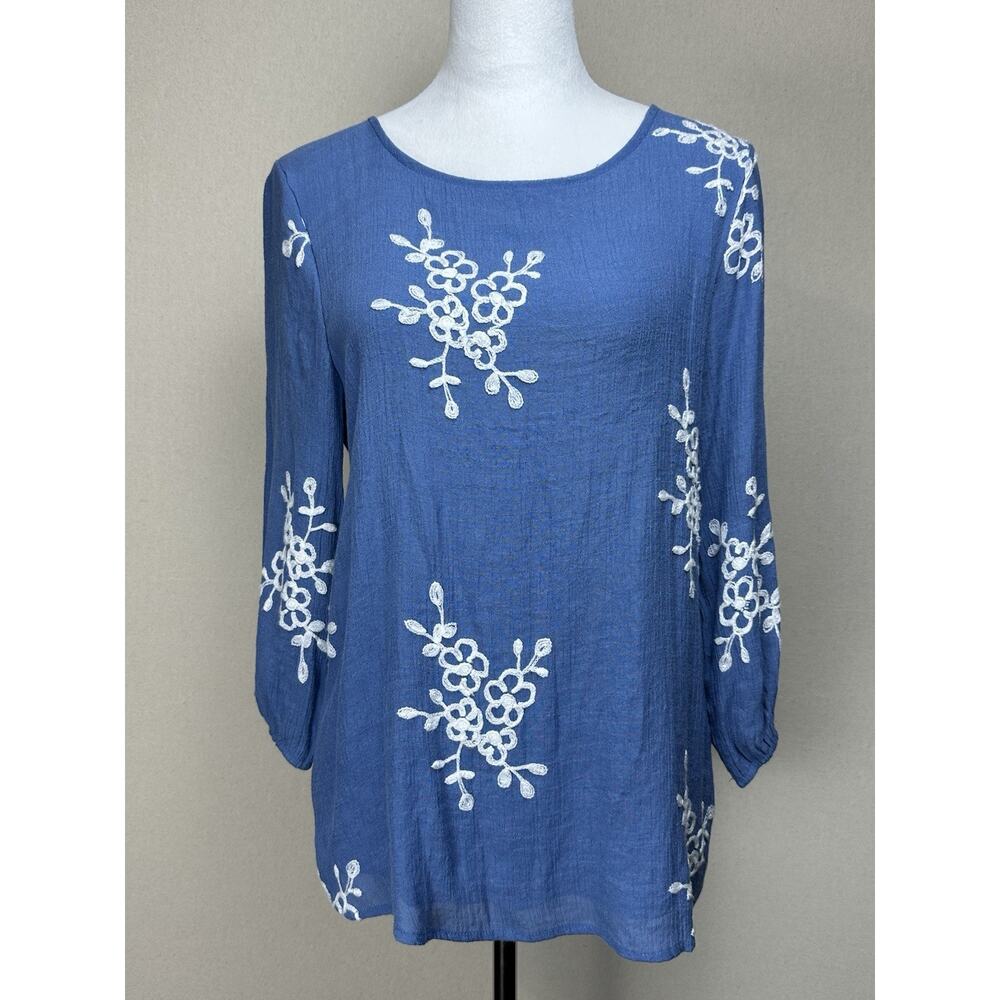 ANNELIEGE Gauze Top L (fits as M) Scoop Neck‎ 3/4 Slvs. Embroidery Boho